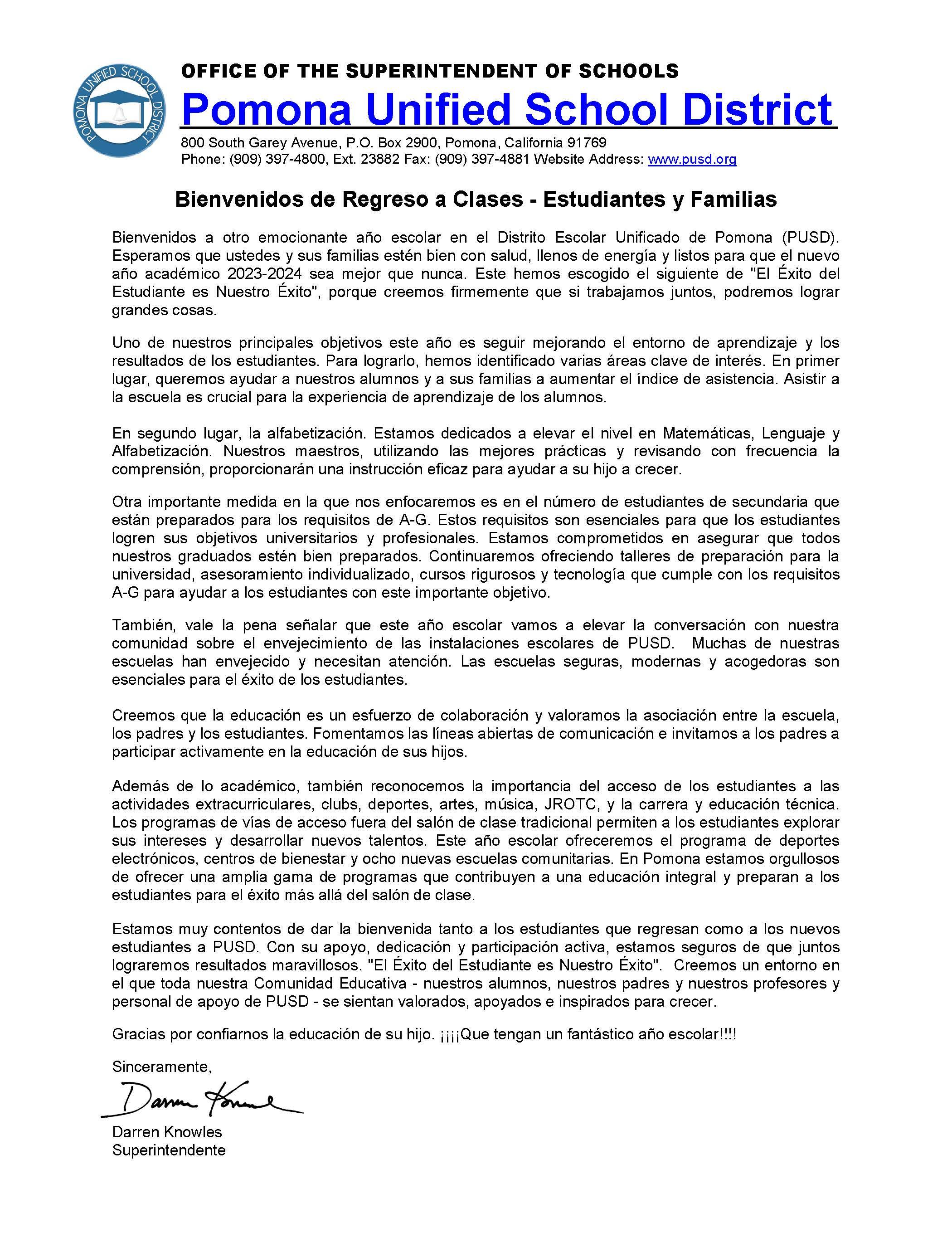 Welcome Back Letter - Spanish version 